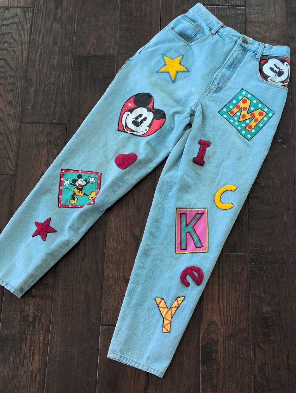 DISNEY MICKEY & CO I  VTG 90's Light Blue Denim Mickey Mouse Patchwork Jeans, S